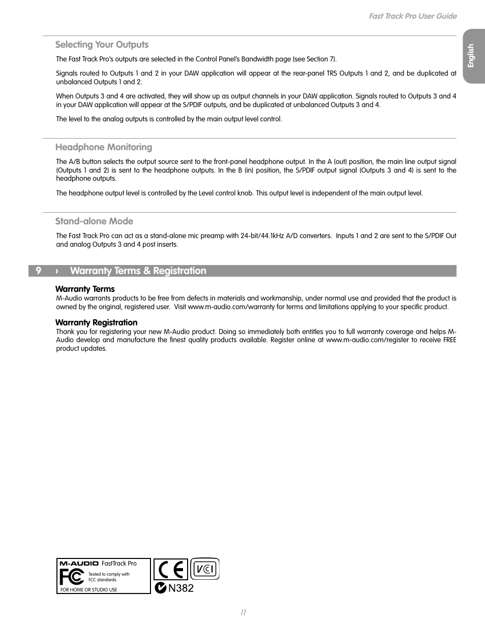 Selecting your outputs, Headphone monitoring, Stand-alone mode | 9 › warranty terms & registration, Warranty terms, Warranty registration, 9 warranty terms & registration, Warranty terms warranty registration | M-AUDIO Fast Track Pro User Manual | Page 13 / 16