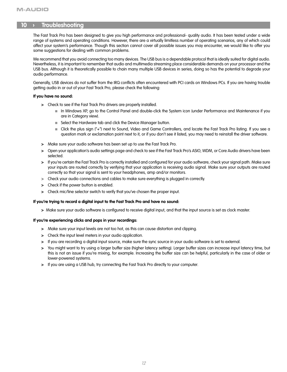 10 › troubleshooting, 10 troubleshooting | M-AUDIO Fast Track Pro User Manual | Page 14 / 16