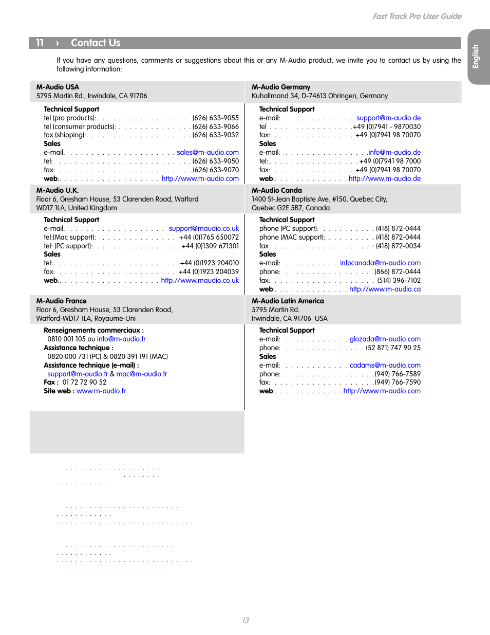 11 › contact us, 11 contact us | M-AUDIO Fast Track Pro User Manual | Page 15 / 16