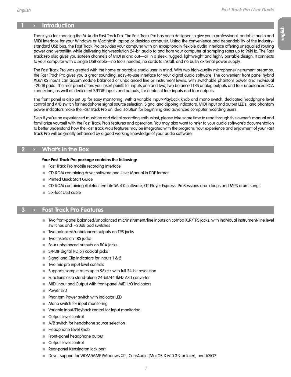 English, 1 › introduction, 2 › what’s in the box | 3 › fast track pro features, 1 introduction, 2 what’s in the box, 3 fast track pro features, 1› introduction | M-AUDIO Fast Track Pro User Manual | Page 3 / 16