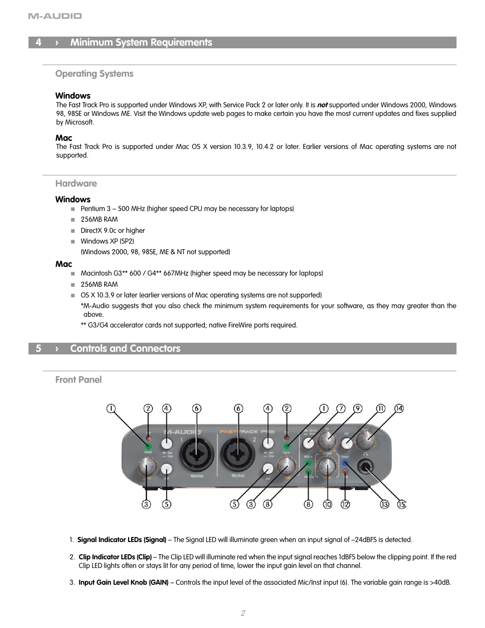 4 › minimum system requirements, Operating systems, Windows | Hardware, 5 › controls and connectors, Front panel, 4 minimum system requirements, Windows mac, 5 controls and connectors | M-AUDIO Fast Track Pro User Manual | Page 4 / 16