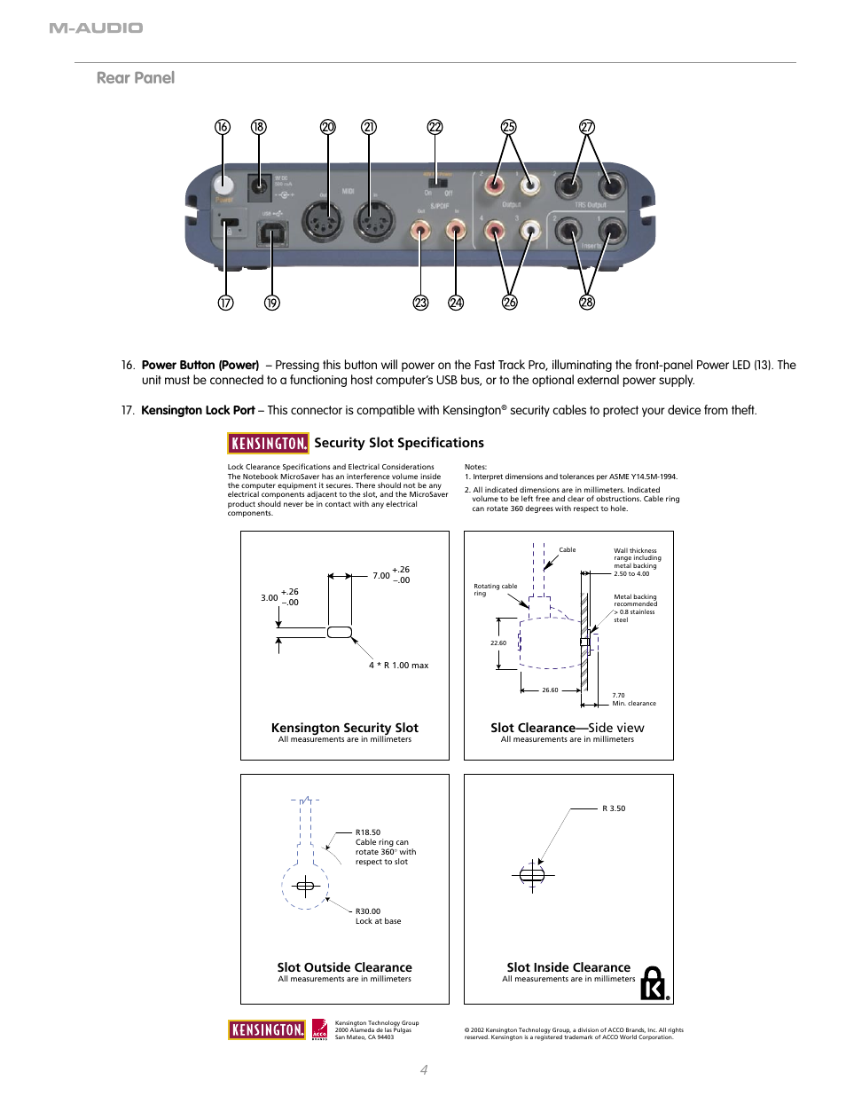 Rear panel, Security slot specifications, Security cables to protect your device from theft | Kensington security slot, Slot clearance— side view, Slot outside clearance, Slot inside clearance | M-AUDIO Fast Track Pro User Manual | Page 6 / 16