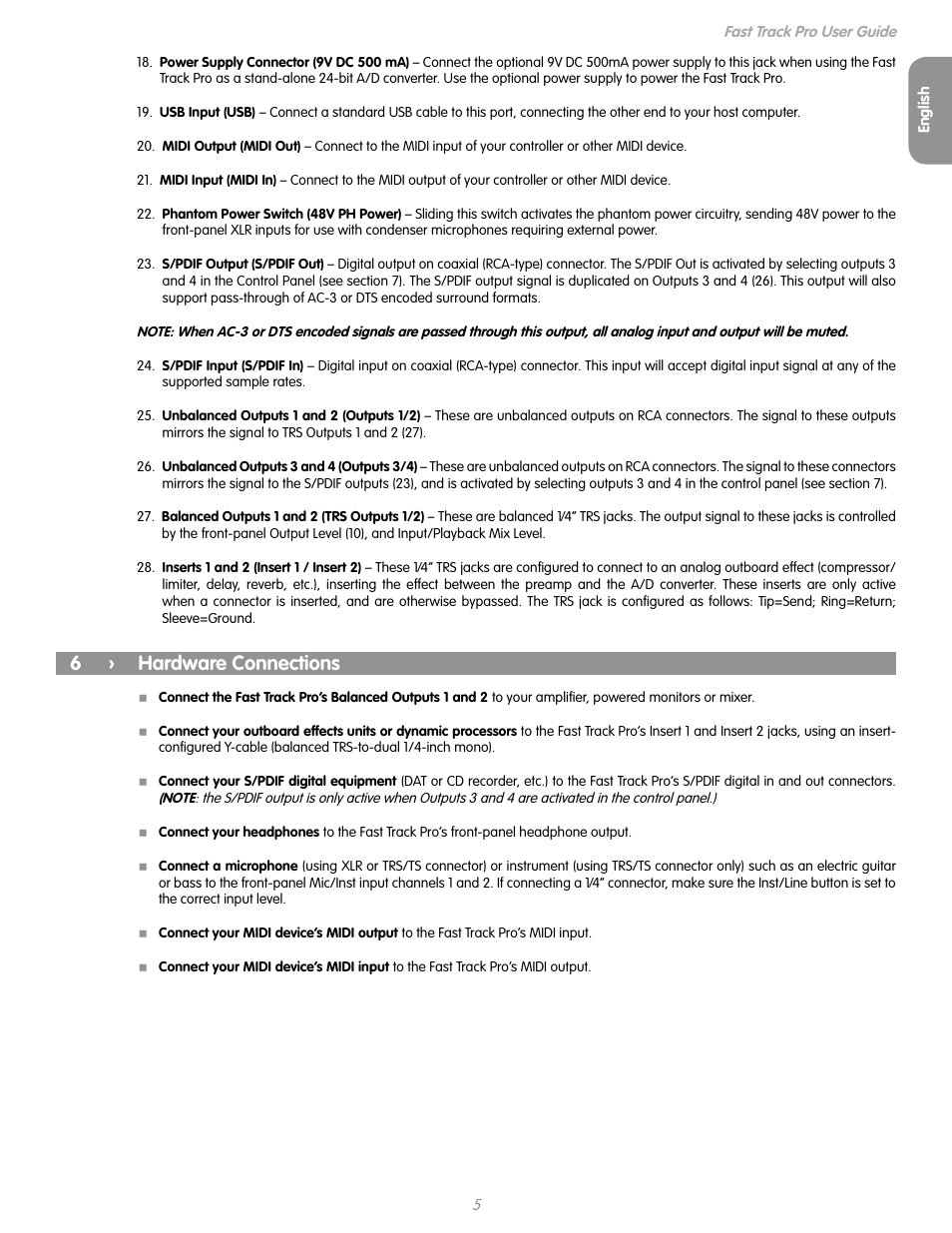 6 › hardware connections, 6 hardware connections | M-AUDIO Fast Track Pro User Manual | Page 7 / 16