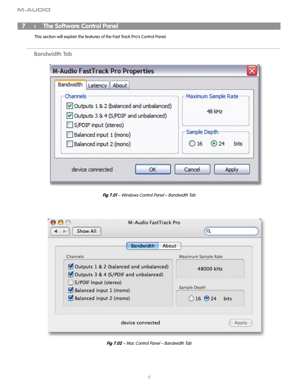 7 › the software control panel, Bandwidth tab, 7 the software control panel | M-AUDIO Fast Track Pro User Manual | Page 8 / 16