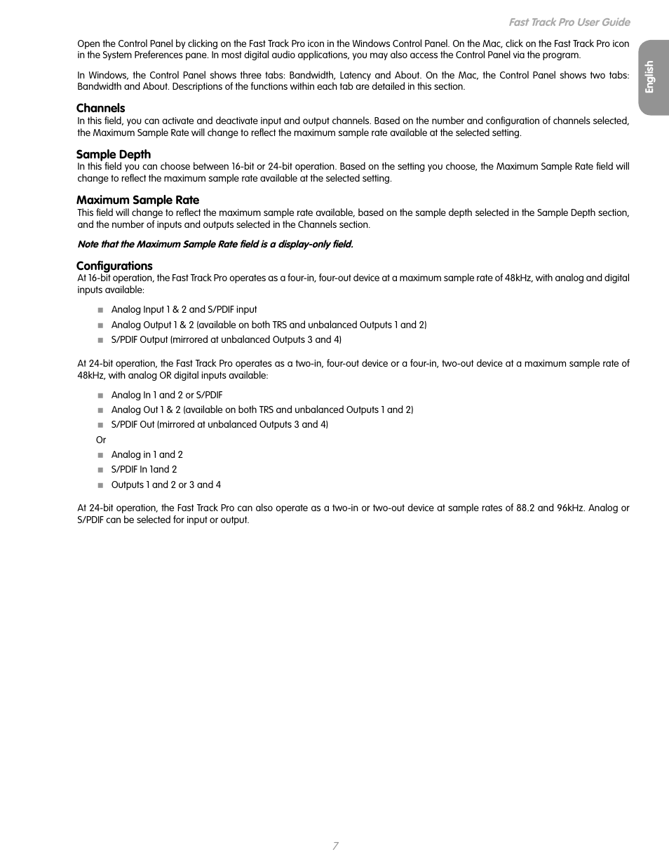 Channels, Sample depth, Maximum sample rate | Configurations | M-AUDIO Fast Track Pro User Manual | Page 9 / 16