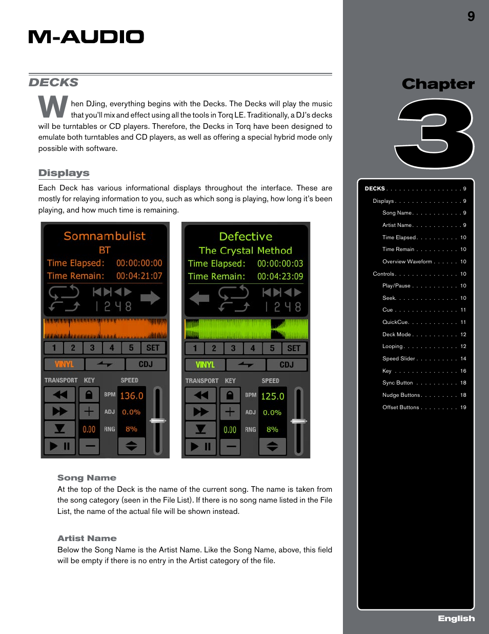Chapter 3, Decks, Displays | Song name, Artist name, Song name artist name, 9chapter, Chapter | M-AUDIO Digital DJ System User Manual | Page 10 / 62