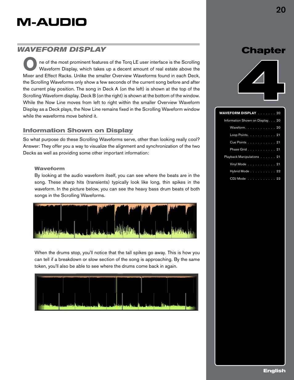 Chapter 4, Waveform display, Information shown on display | Waveform | M-AUDIO Digital DJ System User Manual | Page 21 / 62