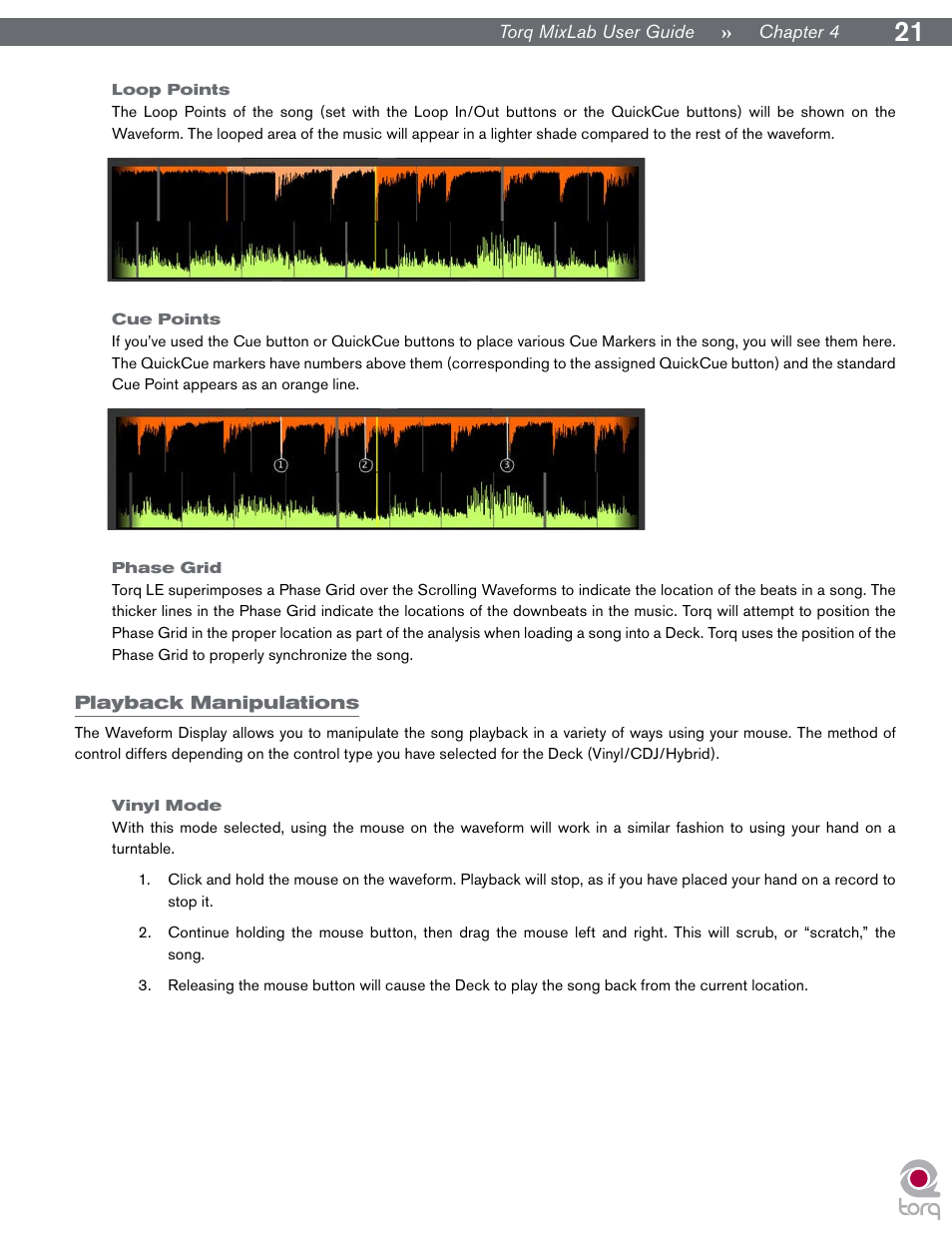 Loop points, Cue points, Phase grid | Playback manipulations, Vinyl mode, Loop points cue points phase grid | M-AUDIO Digital DJ System User Manual | Page 22 / 62