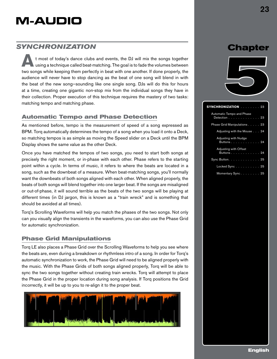 Chapter 5, Synchronization, Automatic tempo and phase detection | Phase grid manipulations | M-AUDIO Digital DJ System User Manual | Page 24 / 62