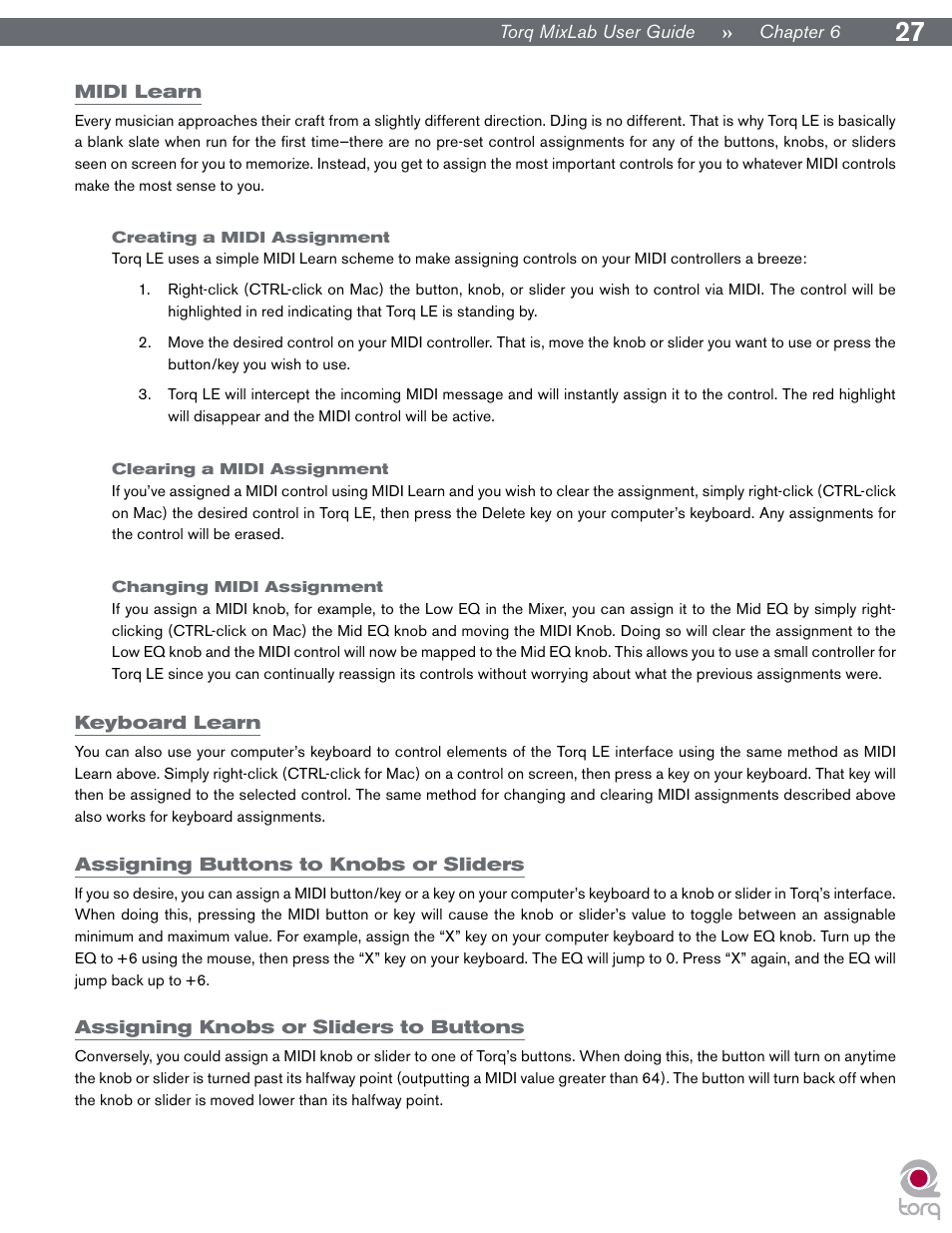 Midi learn, Creating a midi assignment, Clearing a midi assignment | Changing midi assignment, Keyboard learn, Assigning buttons to knobs or sliders, Assigning knobs or sliders to buttons, Creating a midi, Assignment, Clearing a midi | M-AUDIO Digital DJ System User Manual | Page 28 / 62