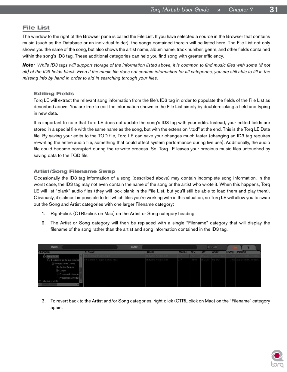 File list, Editing fields, Artist/song filename swap | Editing fields artist/song filename swap | M-AUDIO Digital DJ System User Manual | Page 32 / 62