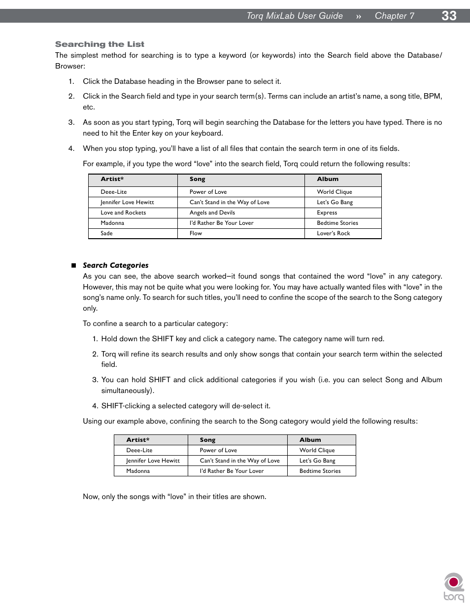 Searching the list, Torq mixlab user guide » chapter 1, Torq mixlab user guide » chapter 7 | M-AUDIO Digital DJ System User Manual | Page 34 / 62