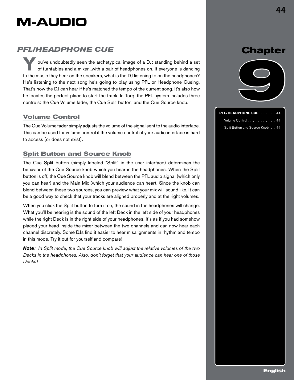 Chapter 9, Pfl/headphone cue, Volume control | Split button and source knob, Volume control split button and source knob | M-AUDIO Digital DJ System User Manual | Page 45 / 62