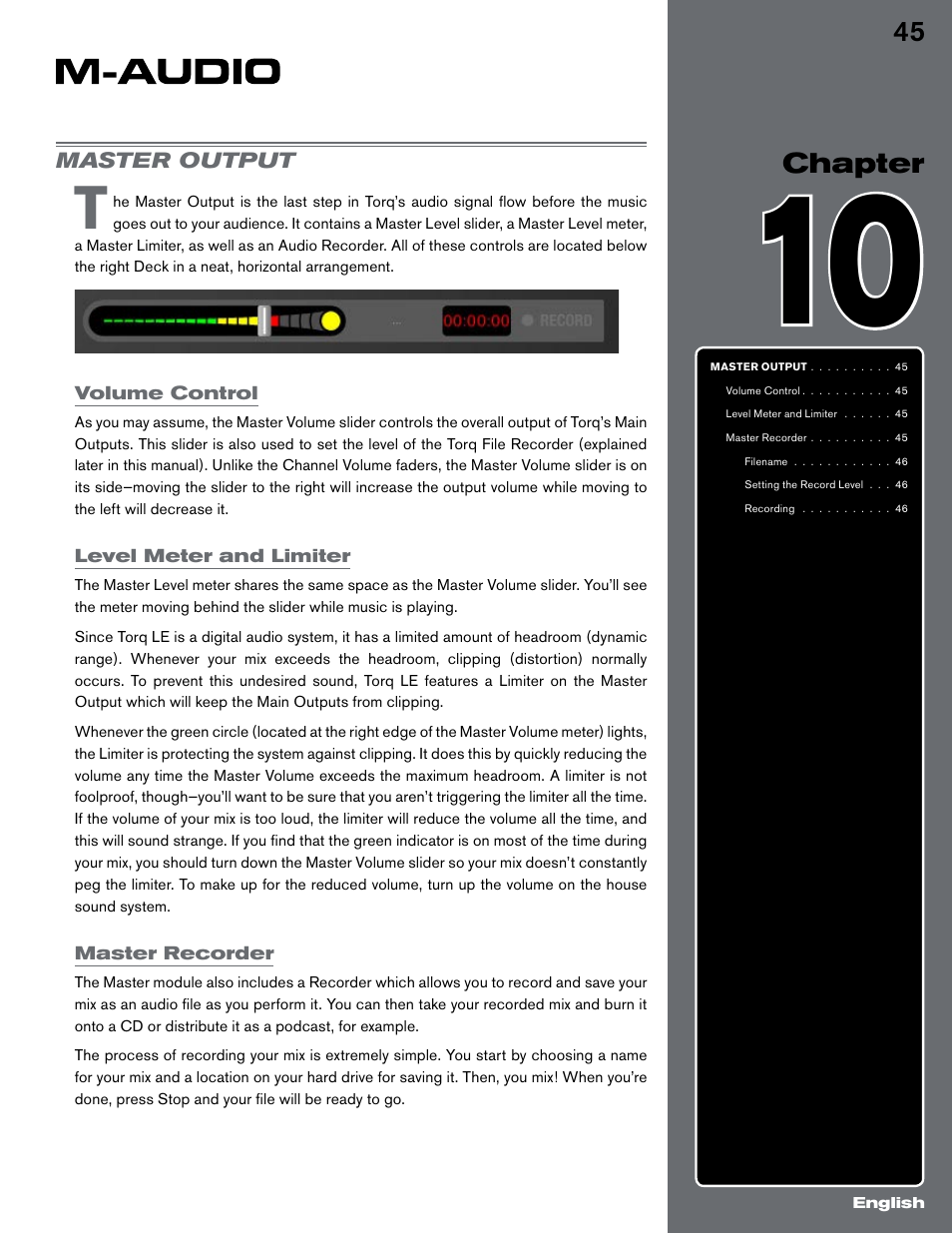 Chapter 10, Master output, Volume control | Level meter and limiter, Master recorder | M-AUDIO Digital DJ System User Manual | Page 46 / 62