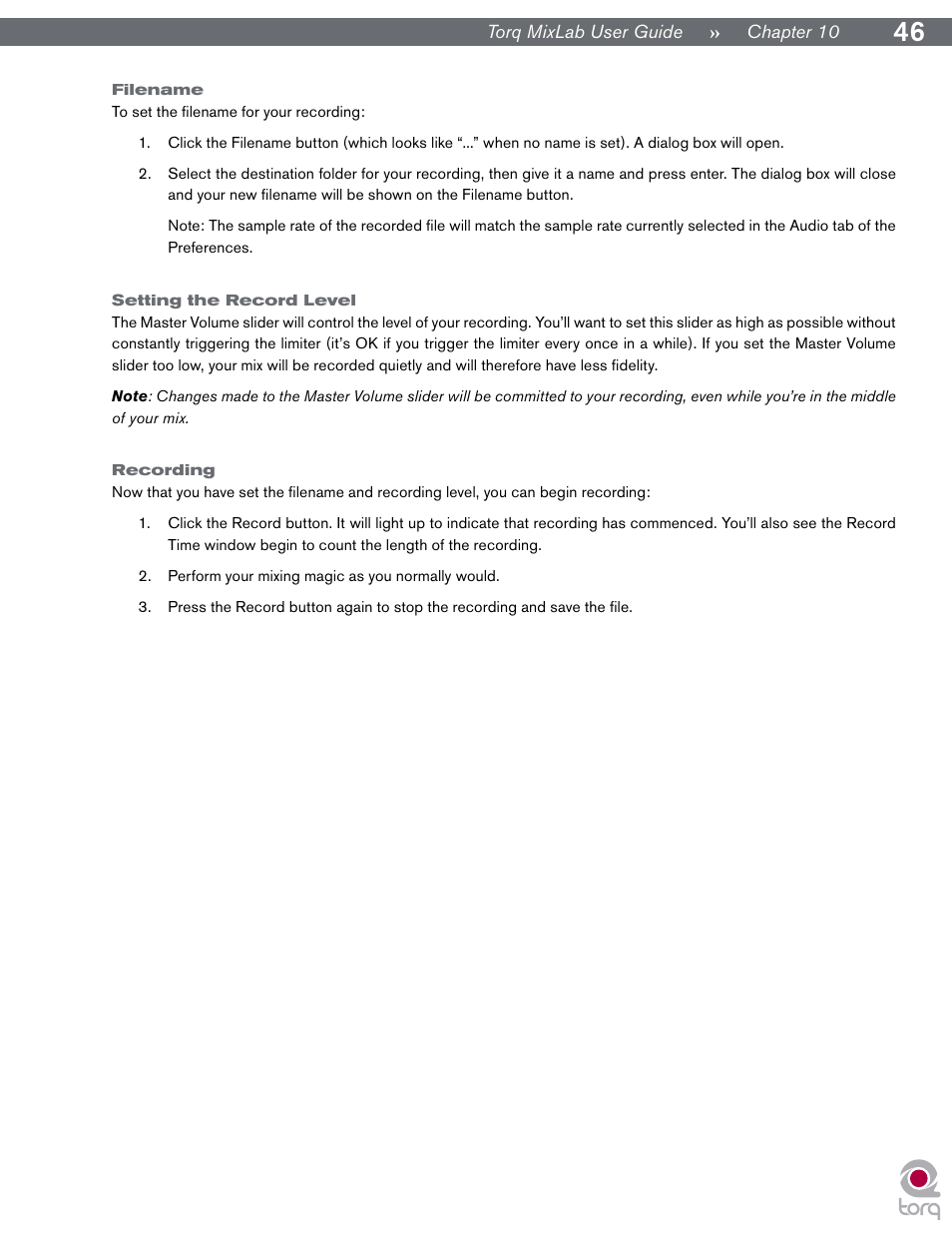 Filename, Setting the record level, Recording | Filename setting the record level recording | M-AUDIO Digital DJ System User Manual | Page 47 / 62