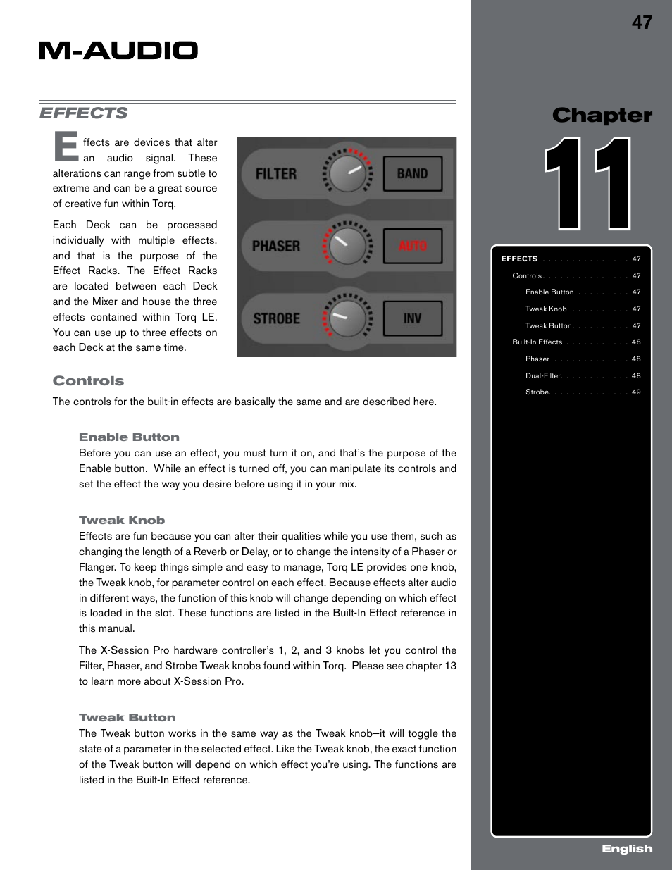 Chapter 11, Effects, Controls | Enable button, Tweak knob, Tweak button, Enable button tweak knob tweak button | M-AUDIO Digital DJ System User Manual | Page 48 / 62