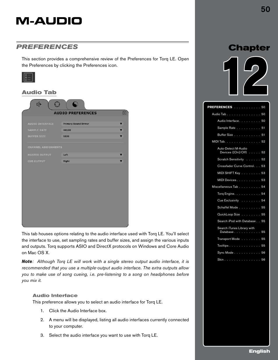 Chapter 12, Preferences, Audio tab | Audio interface, 50 chapter, Chapter | M-AUDIO Digital DJ System User Manual | Page 51 / 62