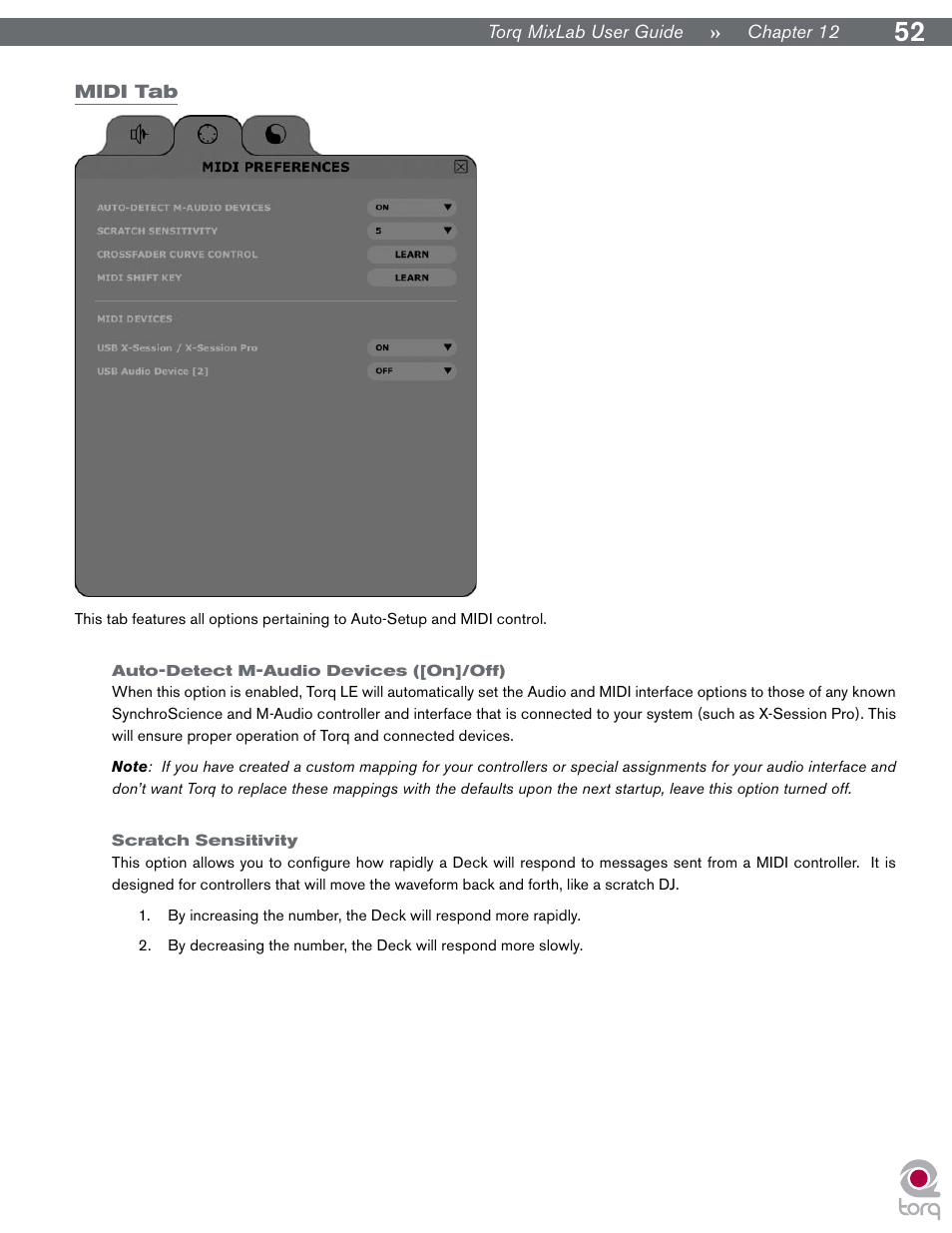 Midi tab, Auto-detect m-audio devices ([on]/off), Scratch sensitivity | M-AUDIO Digital DJ System User Manual | Page 53 / 62