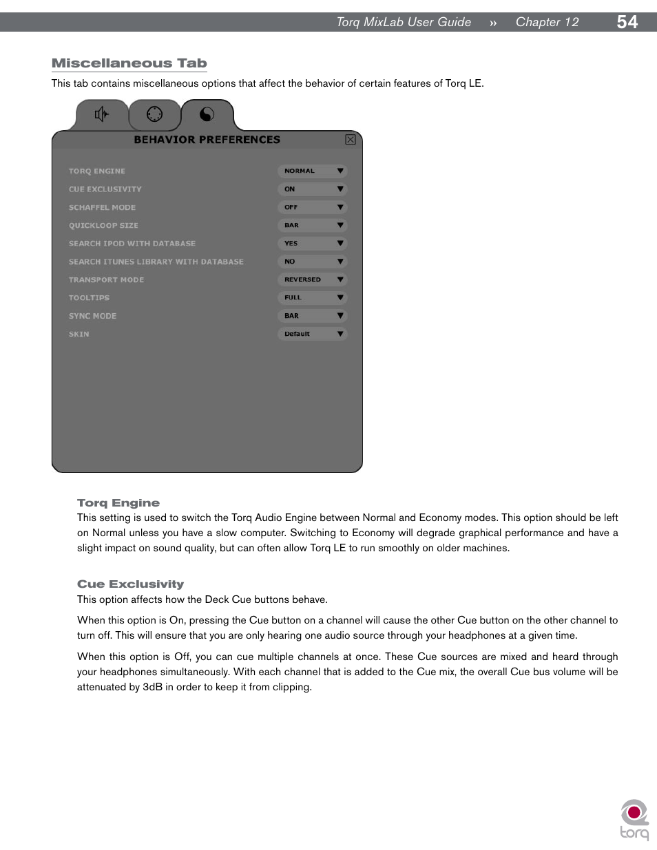 Miscellaneous tab, Torq engine, Cue exclusivity | Torq engine cue exclusivity | M-AUDIO Digital DJ System User Manual | Page 55 / 62