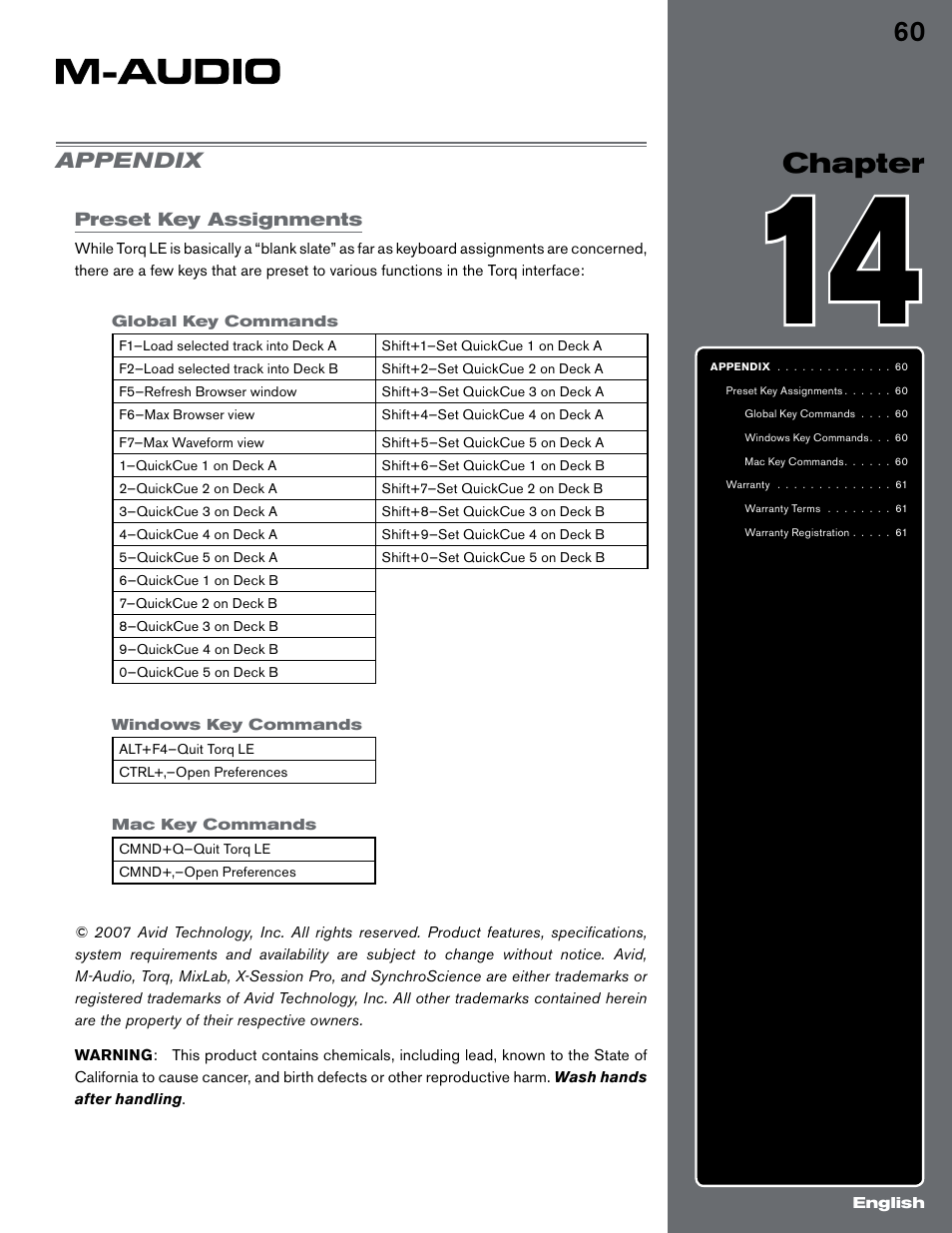 Chapter 14, Appendix, Preset key assignments | Global key commands, Windows key commands, Mac key commands, 60 chapter, Chapter | M-AUDIO Digital DJ System User Manual | Page 61 / 62