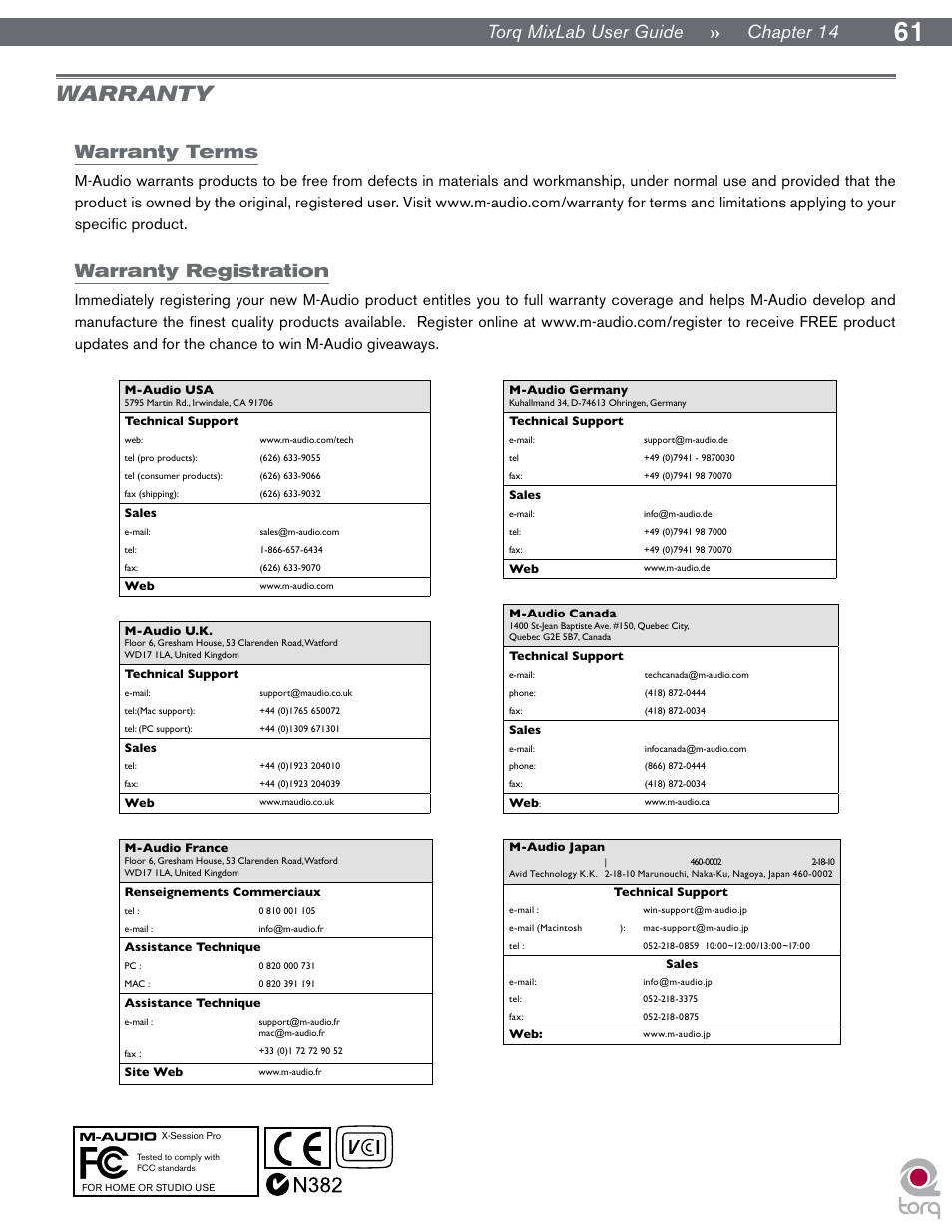 Warranty, Warranty terms, Warranty registration | Warranty terms warranty registration, Torq mixlab user guide » chapter 1, Torq mixlab user guide » chapter 14 | M-AUDIO Digital DJ System User Manual | Page 62 / 62
