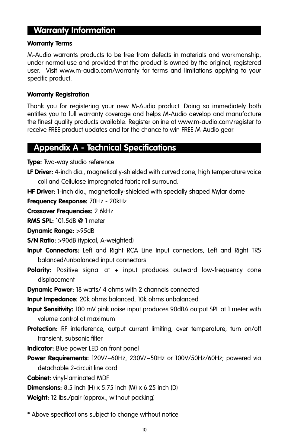 Warranty information, Appendix a - technical specifications | M-AUDIO DX4 User Manual | Page 10 / 12