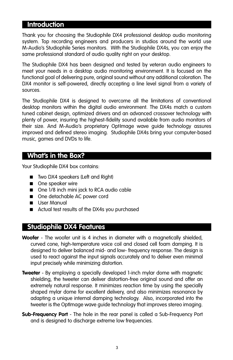 Introduction, What’s in the box, Studiophile dx4 features | M-AUDIO DX4 User Manual | Page 3 / 12