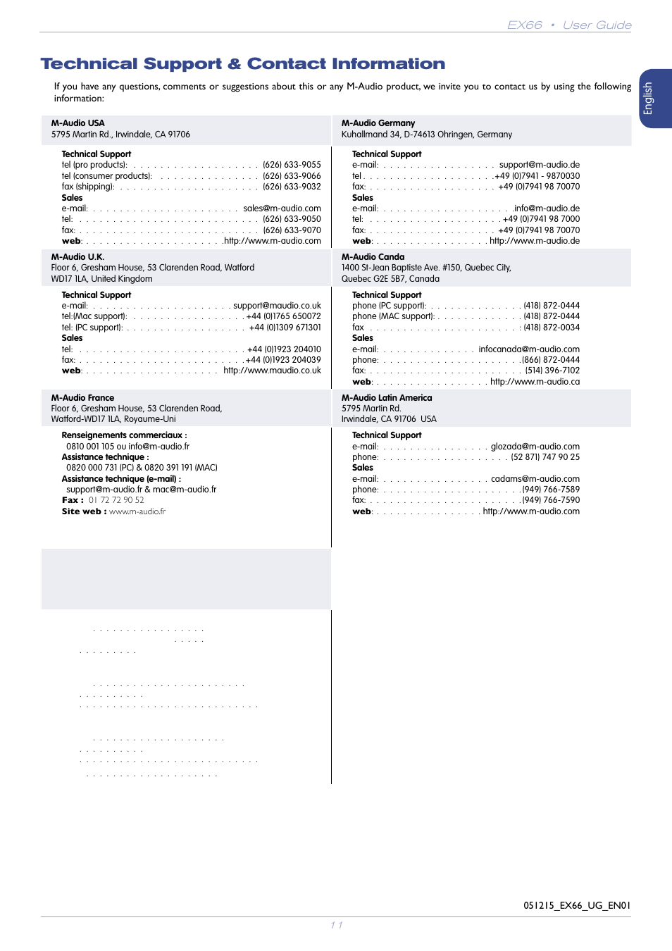 Technical support & contact information | M-AUDIO EX66 User Manual | Page 11 / 11