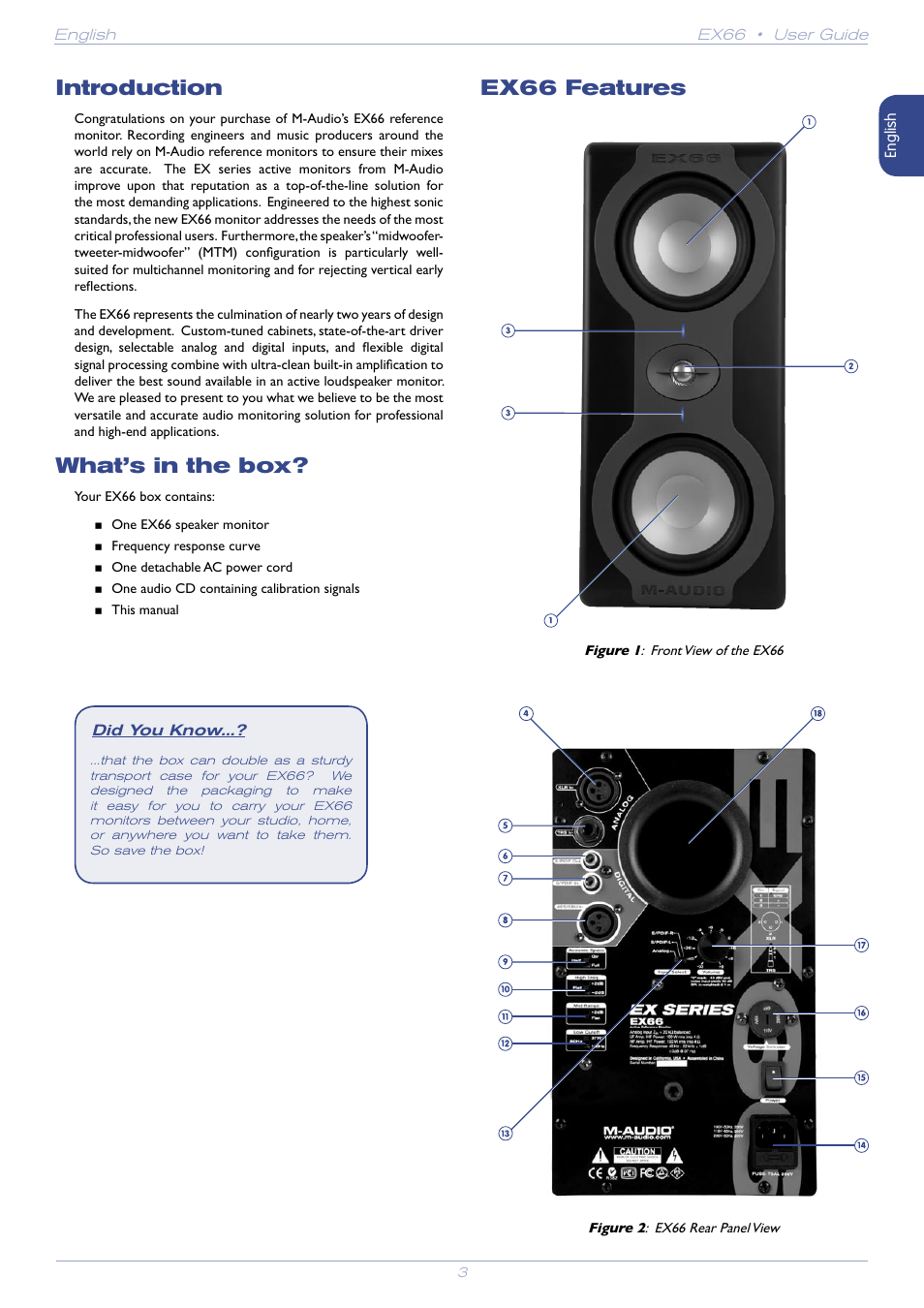English, Introduction, What’s in the box | Ex66 features | M-AUDIO EX66 User Manual | Page 3 / 11