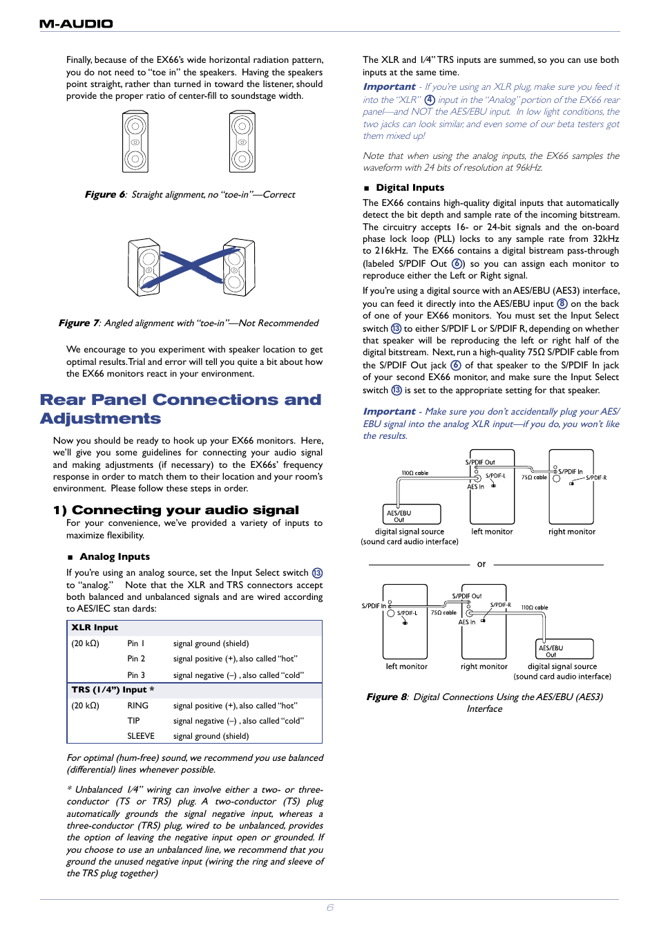 Rear panel connections and adjustments, 1) connecting your audio signal | M-AUDIO EX66 User Manual | Page 6 / 11