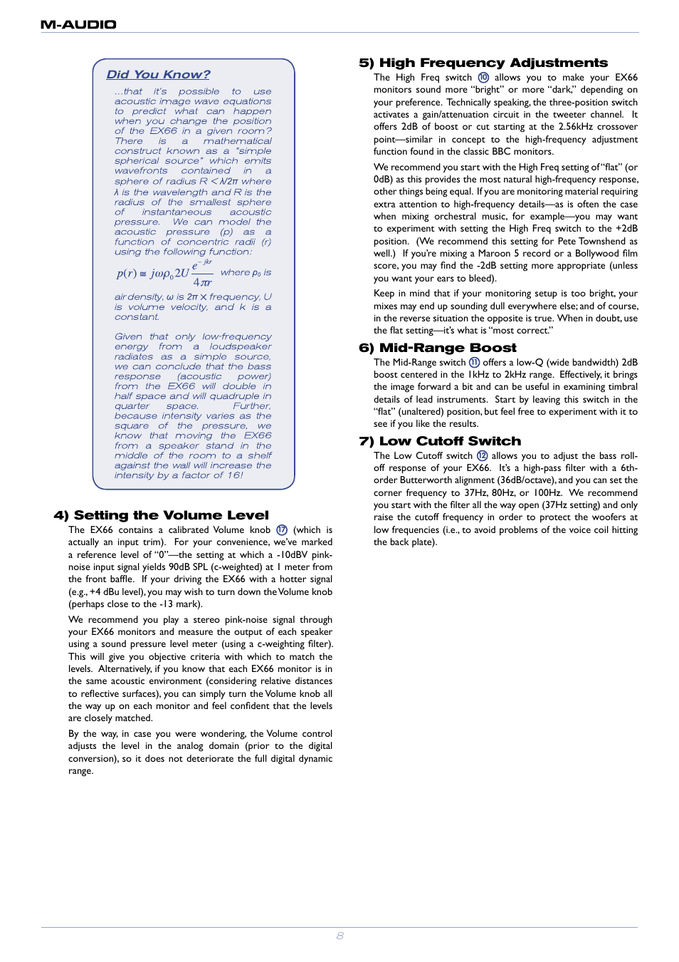 4) setting the volume level, 5) high frequency adjustments, 6) mid-range boost | 7) low cutoff switch | M-AUDIO EX66 User Manual | Page 8 / 11