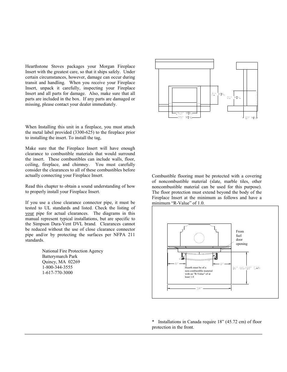 Setting up your morgan wood fireplace insert, Unpacking, Installing your fireplace insert | Hearth requirements and floor protection, Npacking, Nstalling, Ireplace, Nsert, Earth, Equirements | Morgan & Company HEARTHSTONE 8470 User Manual | Page 7 / 29
