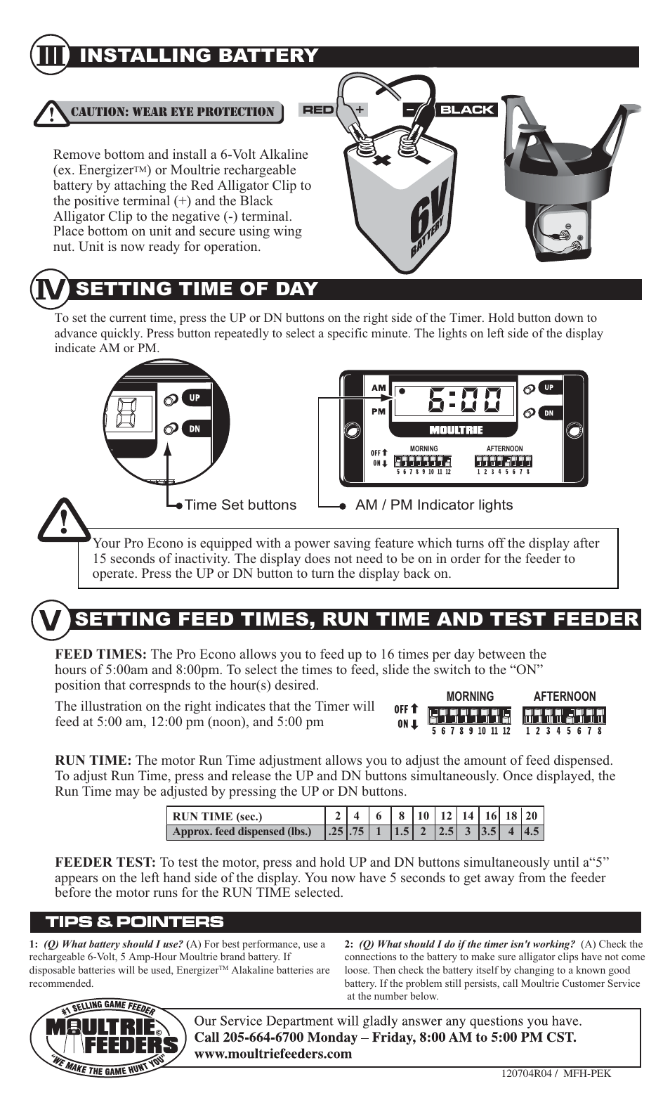 Setting feed times, run time and test feeder, Setting time of day installing battery | Moultrie 120704R04 / MFH-PEK User Manual | Page 2 / 3