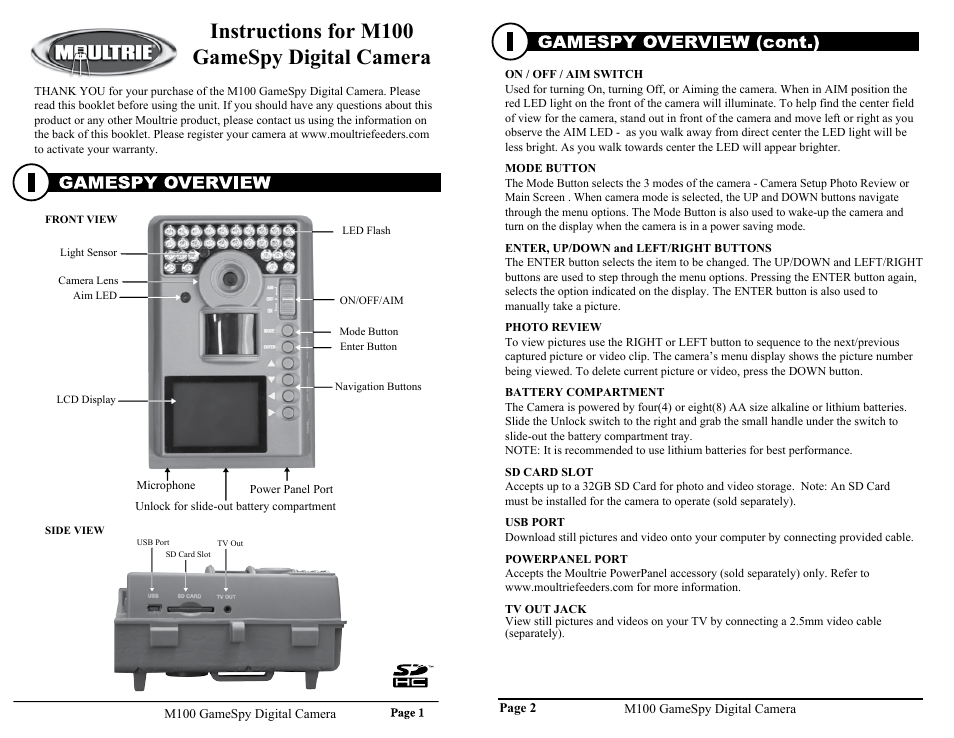 Moultrie GAMESPY M100 User Manual | 8 pages