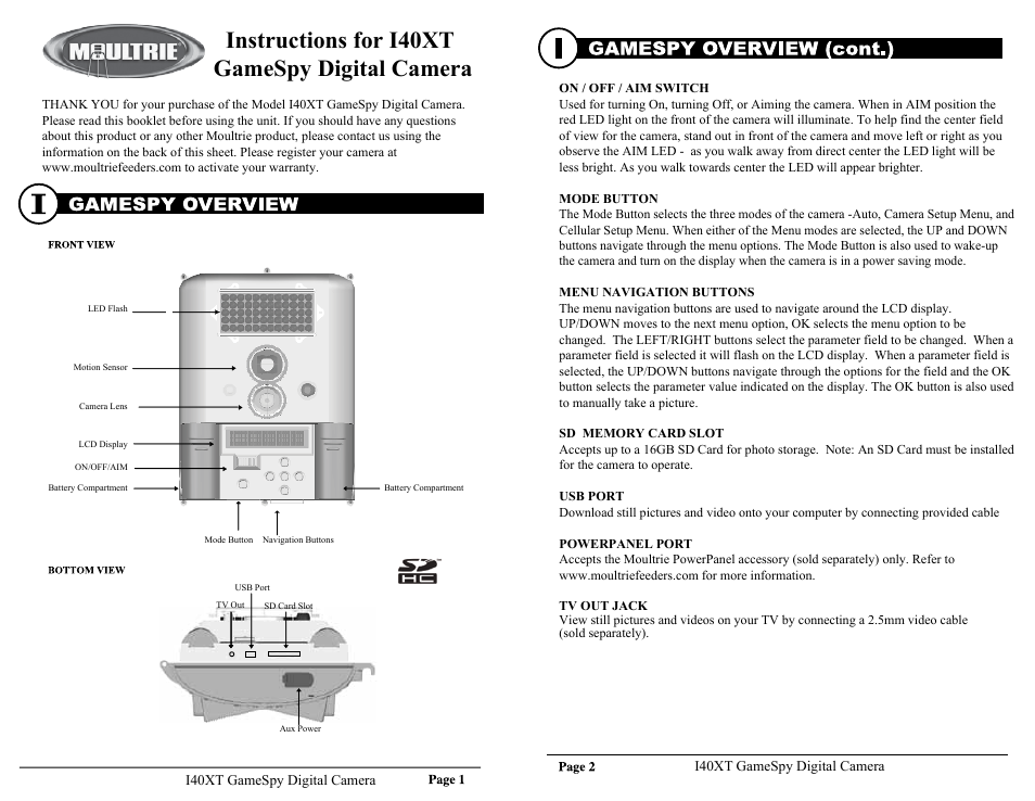 Moultrie GAMESPY I40XT User Manual | 6 pages