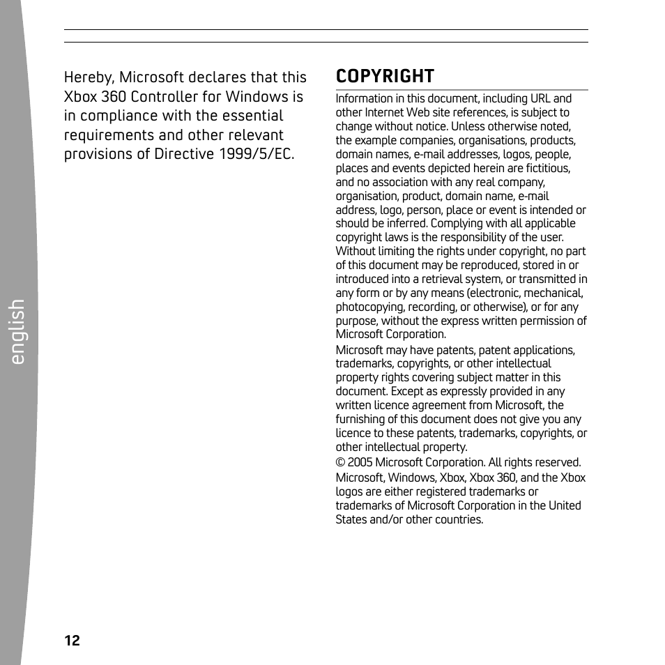 En gl is h, Copyright | XBOX 360 User Manual | Page 12 / 64