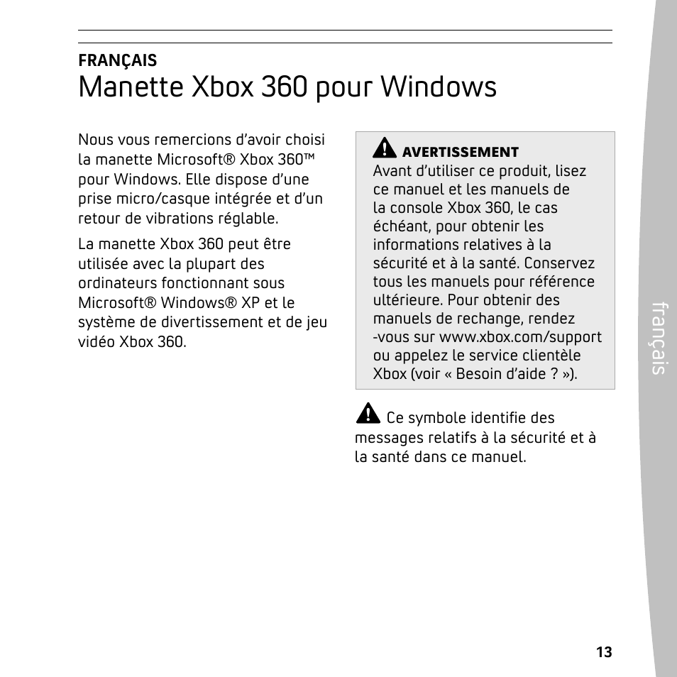 Manette xbox 360 pour windows, Fra nç ais | XBOX 360 User Manual | Page 13 / 64