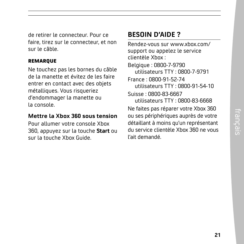 Fra nç ais, Besoin d’aide | XBOX 360 User Manual | Page 21 / 64