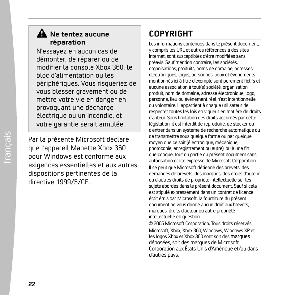 Fr an ça is, Copyright | XBOX 360 User Manual | Page 22 / 64