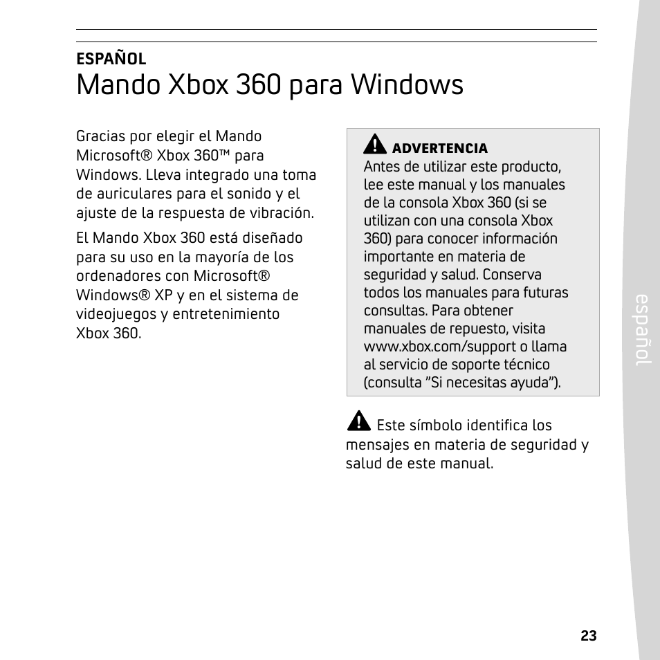 Mando xbox 360 para windows, Es pa ño l | XBOX 360 User Manual | Page 23 / 64