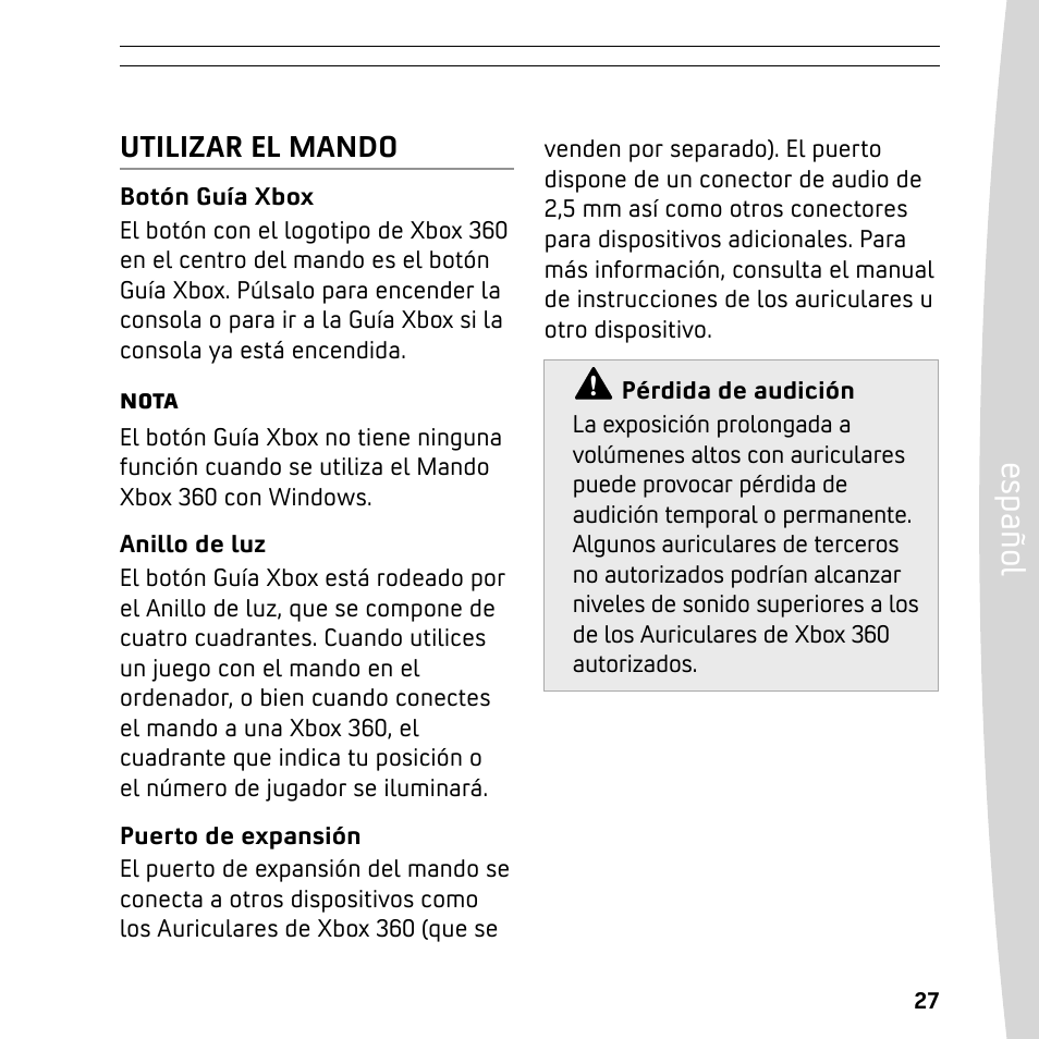 Es pa ño l | XBOX 360 User Manual | Page 27 / 64