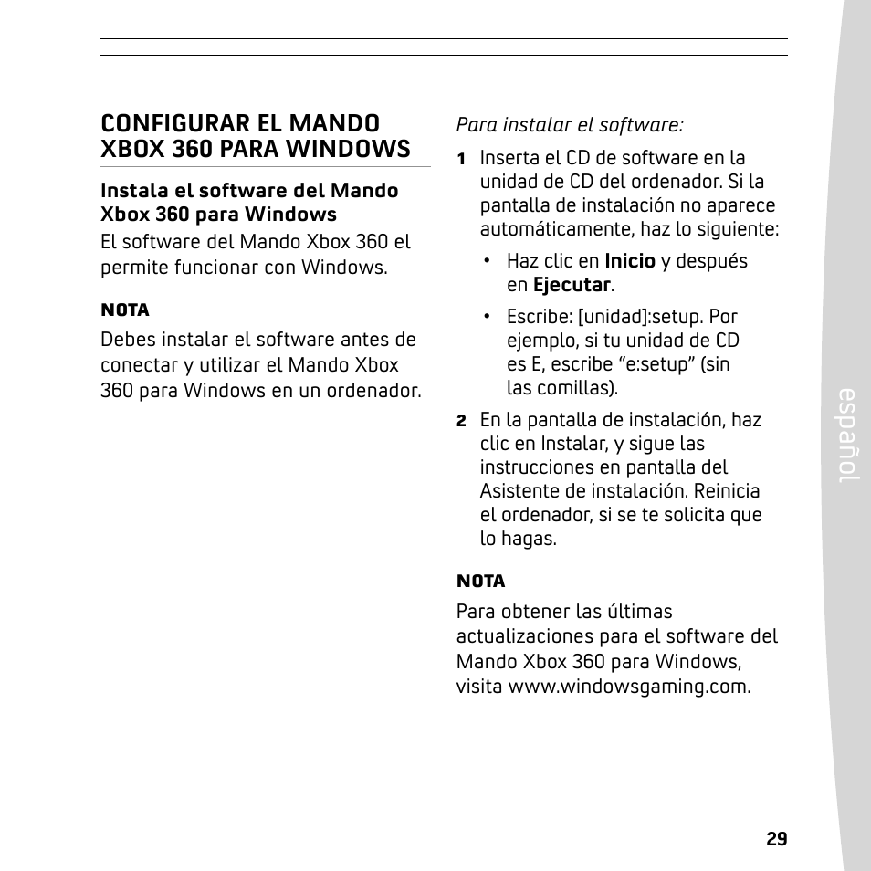 Es pa ño l, Configurar el mando xbox 360 para windows | XBOX 360 User Manual | Page 29 / 64