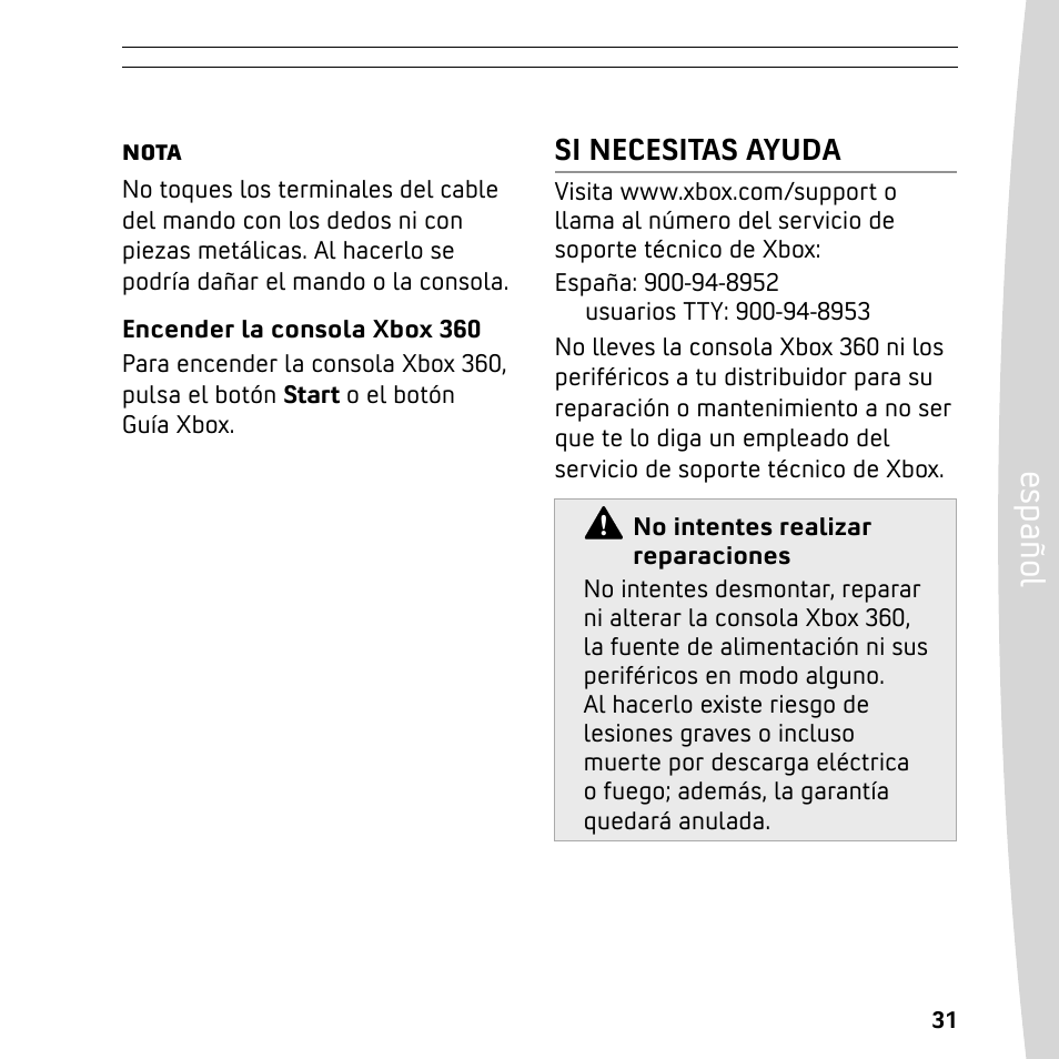 Es pa ño l, Si necesitas ayuda | XBOX 360 User Manual | Page 31 / 64