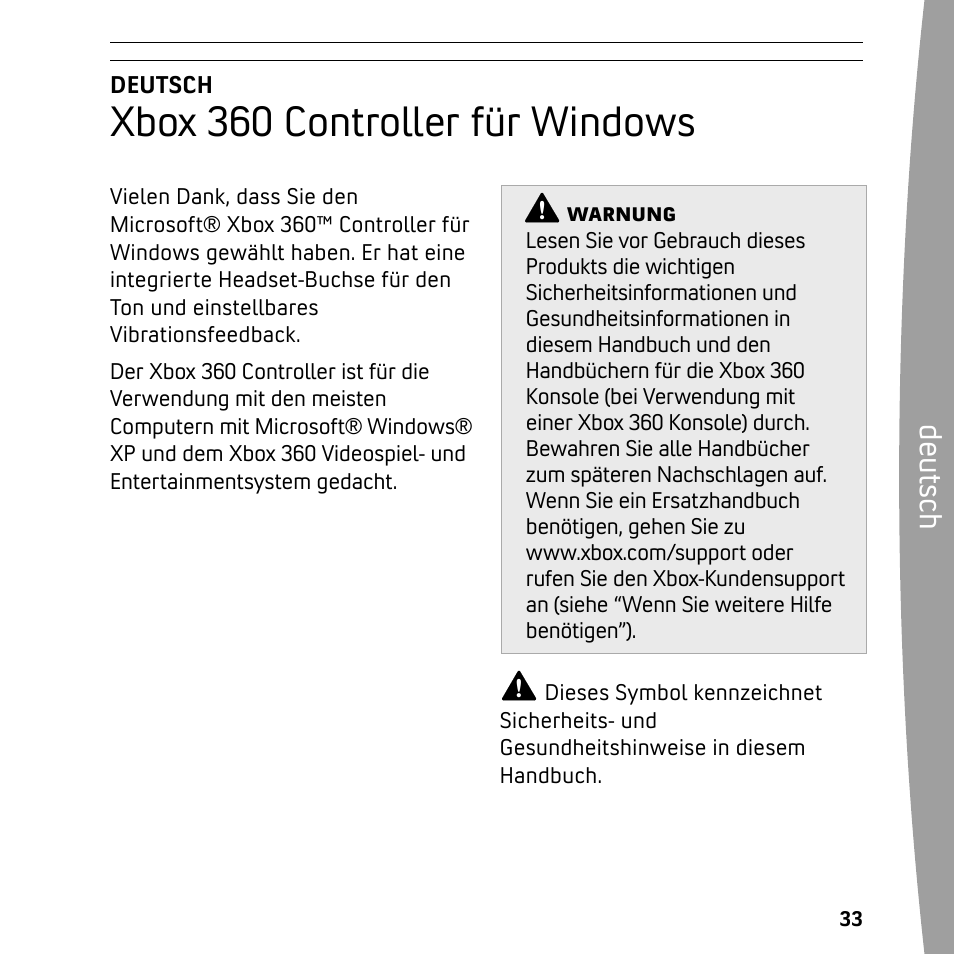 Xbox 360 controller für windows, De ut sc h | XBOX 360 User Manual | Page 33 / 64