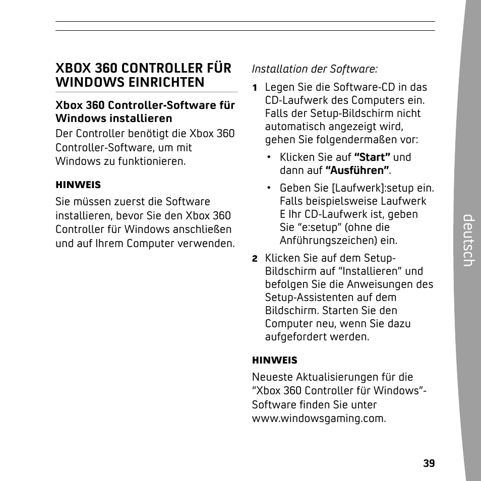 De ut sc h, Xbox 360 controller für windows einrichten | XBOX 360 User Manual | Page 39 / 64