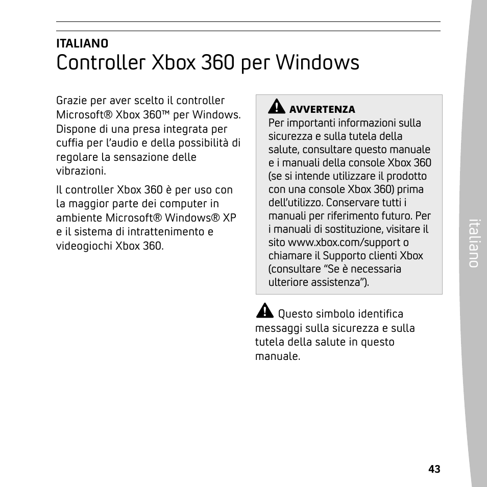 Controller xbox 360 per windows, Ita lia no | XBOX 360 User Manual | Page 43 / 64