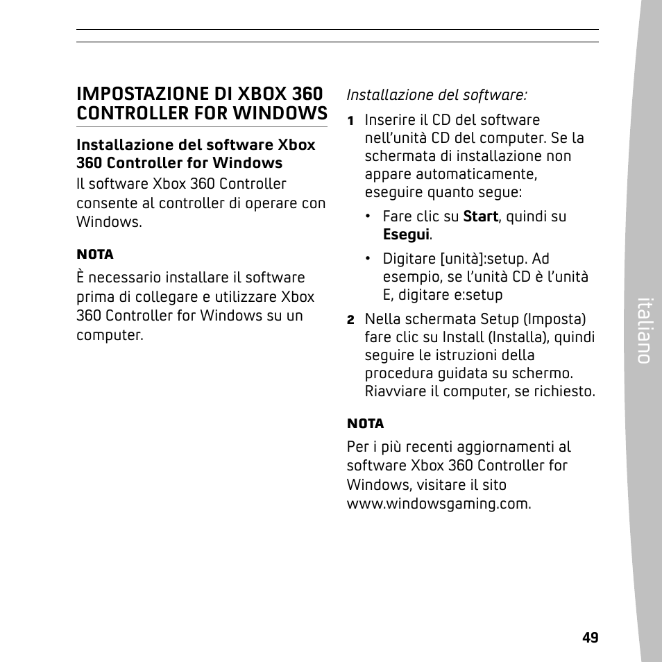 Ita lia no, Impostazione di xbox 360 controller for windows | XBOX 360 User Manual | Page 49 / 64