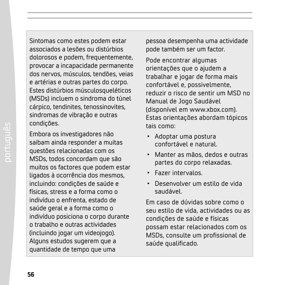 Po rt ug uê s | XBOX 360 User Manual | Page 56 / 64