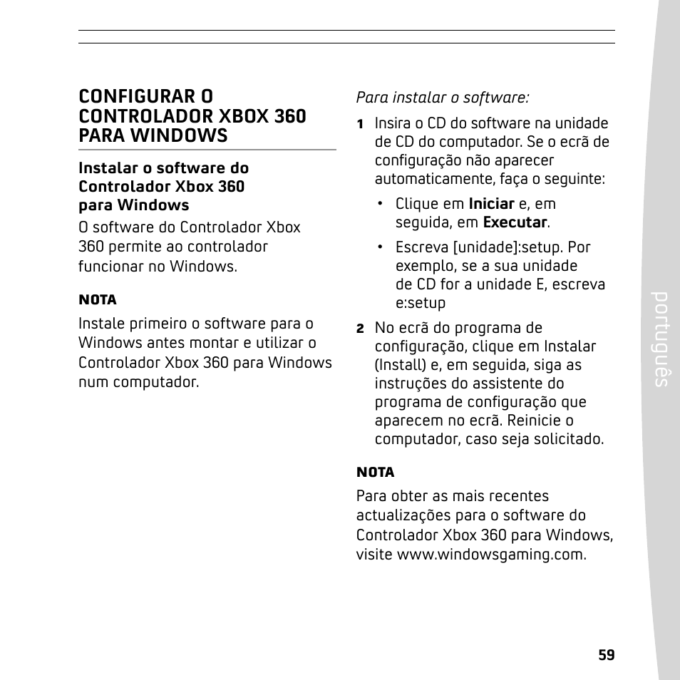 Po rtu gu ês, Configurar o controlador xbox 360 para windows | XBOX 360 User Manual | Page 59 / 64