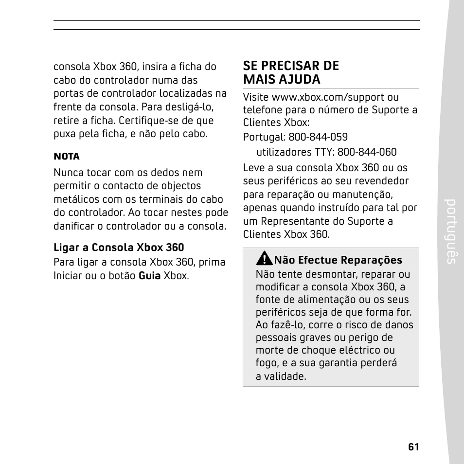 Po rtu gu ês | XBOX 360 User Manual | Page 61 / 64
